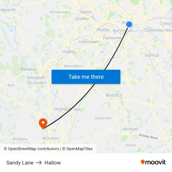 Sandy Lane to Hallow map