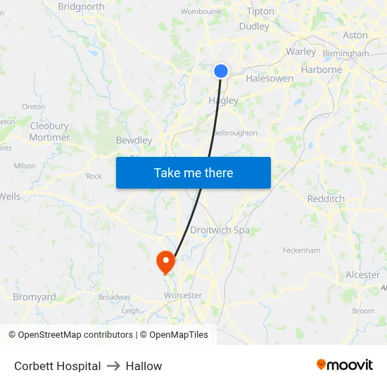 Corbett Hospital to Hallow map