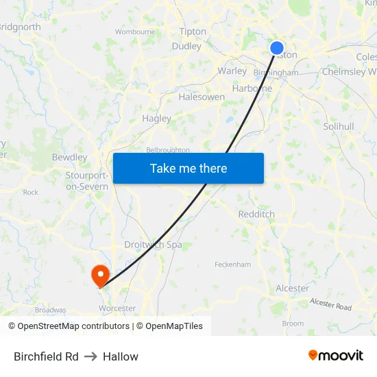 Birchfield Rd to Hallow map