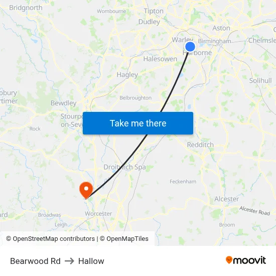 Bearwood Rd to Hallow map