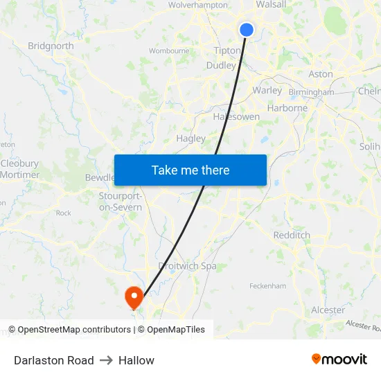 Darlaston Road to Hallow map