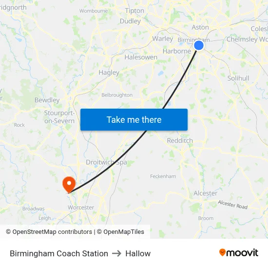 Birmingham Coach Station to Hallow map