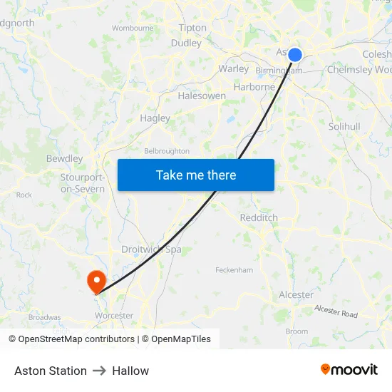 Aston Station to Hallow map