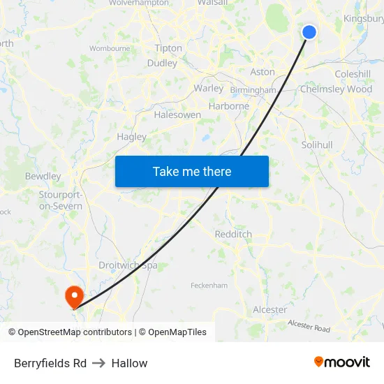 Berryfields Rd to Hallow map