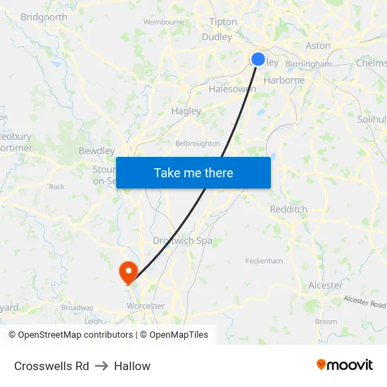 Crosswells Rd to Hallow map