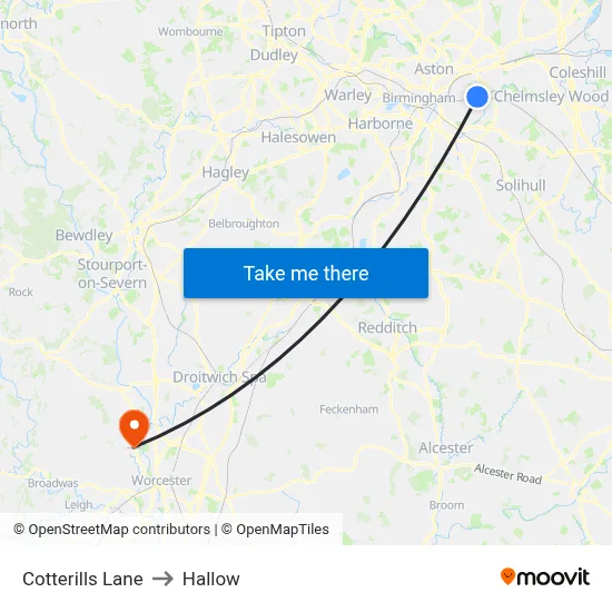 Cotterills Lane to Hallow map
