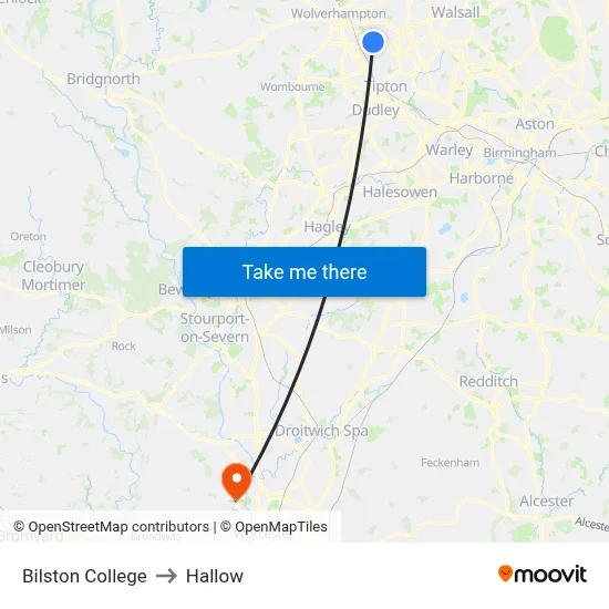 Bilston College to Hallow map