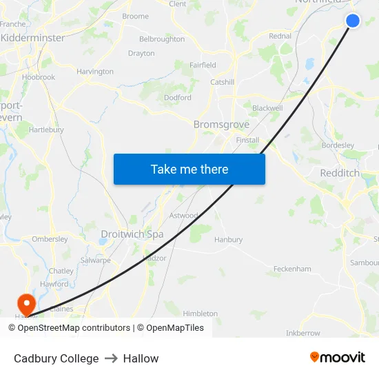 Cadbury College to Hallow map