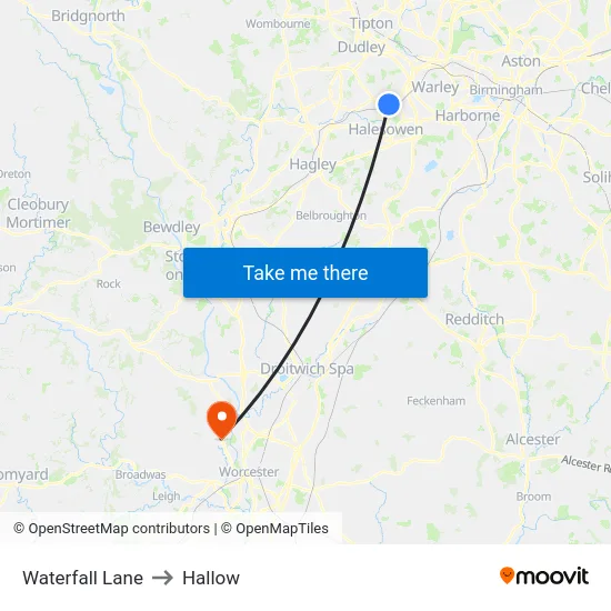 Waterfall Lane to Hallow map