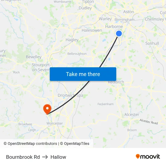 Bournbrook Rd to Hallow map