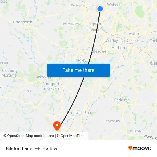 Bilston Lane to Hallow map