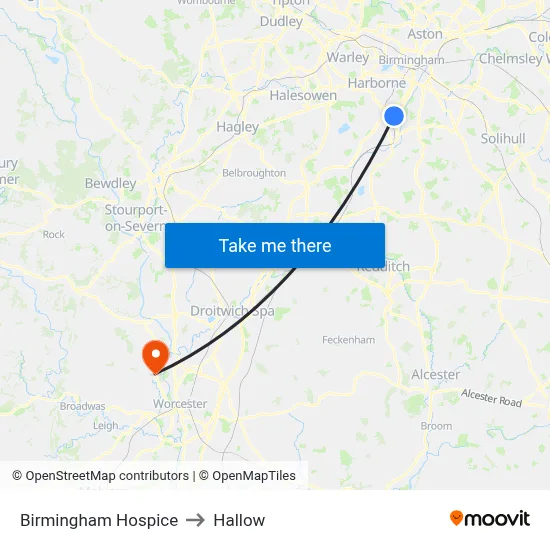 Birmingham Hospice to Hallow map