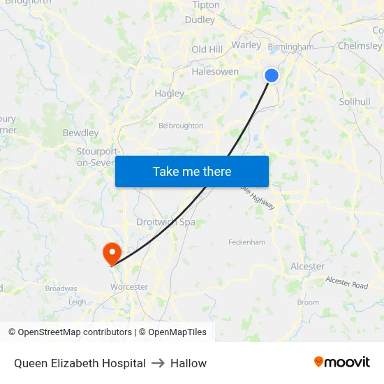 Queen Elizabeth Hospital to Hallow map