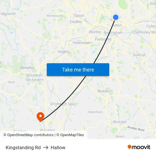 Kingstanding Rd to Hallow map