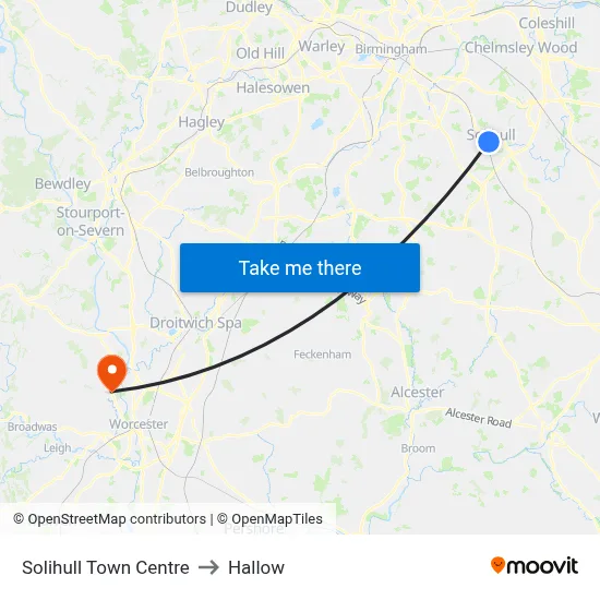 Solihull Town Centre to Hallow map