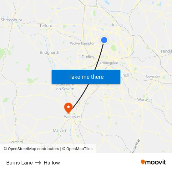 Barns Lane to Hallow map