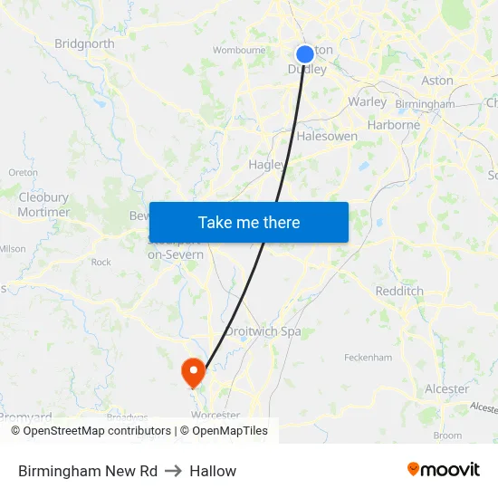 Birmingham New Rd to Hallow map