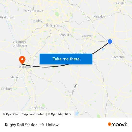 Rugby Rail Station to Hallow map