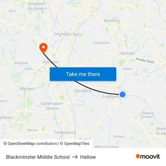 Blackminster Middle School to Hallow map