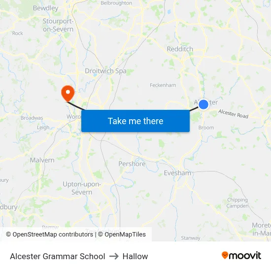 Alcester Grammar School to Hallow map