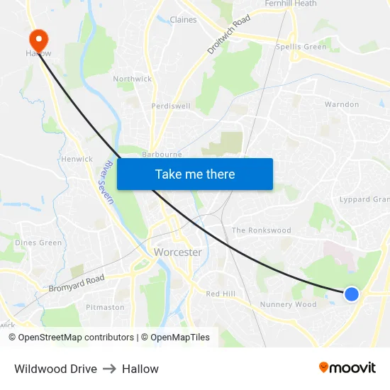 Wildwood Drive to Hallow map