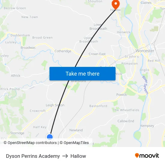 Dyson Perrins Academy to Hallow map