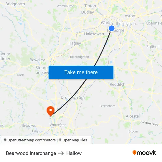 Bearwood Interchange to Hallow map
