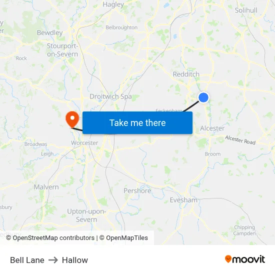 Bell Lane to Hallow map