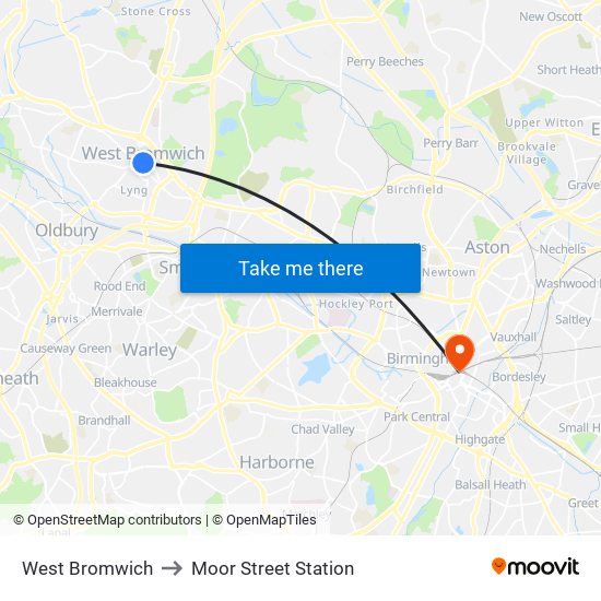 West Bromwich to Moor Street Station map