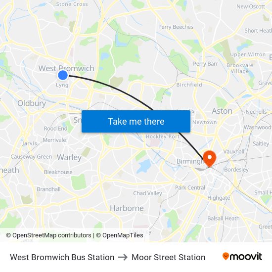 West Bromwich Bus Station to Moor Street Station map