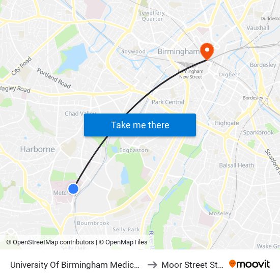 University Of Birmingham Medical School to Moor Street Station map