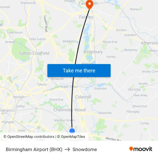 Birmingham Airport (BHX) to Snowdome map