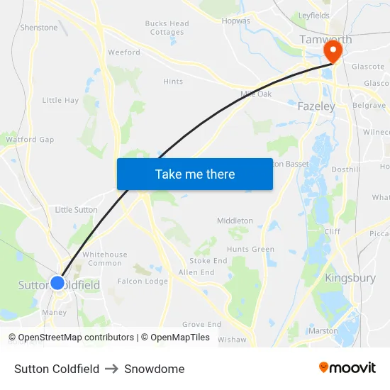 Sutton Coldfield to Snowdome map