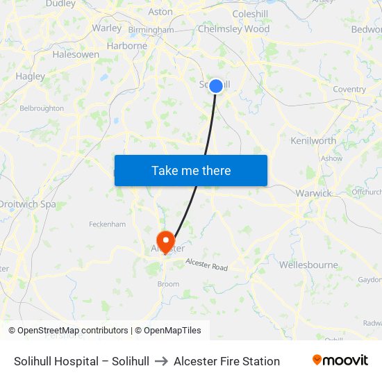 Solihull Hospital – Solihull to Alcester Fire Station map