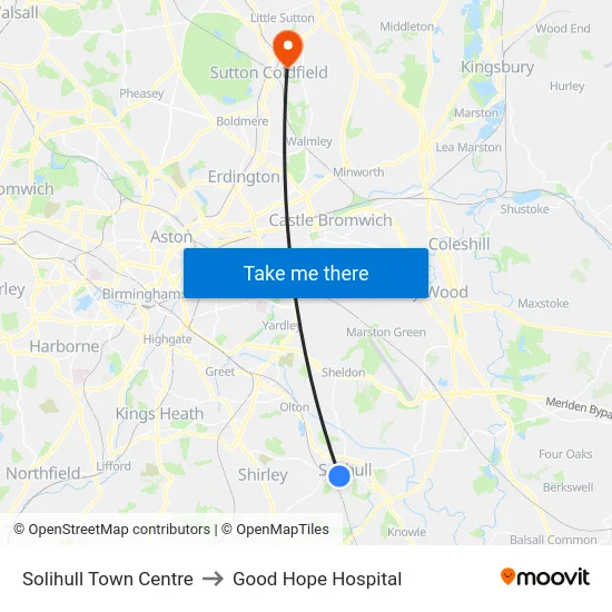 Solihull Town Centre to Good Hope Hospital map