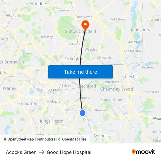 Acocks Green to Good Hope Hospital map