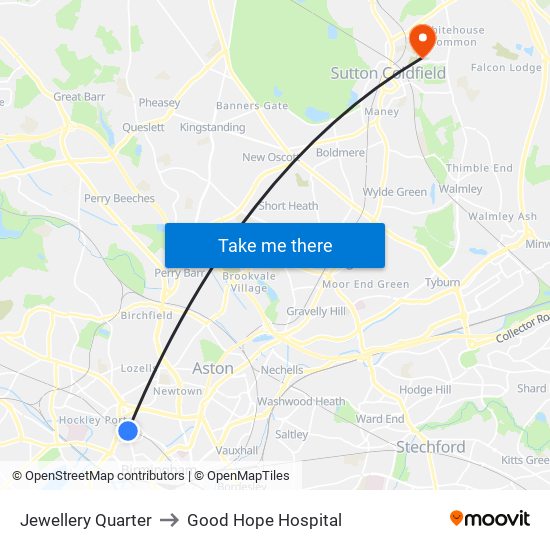 Jewellery Quarter to Good Hope Hospital map