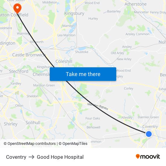 Coventry to Good Hope Hospital map