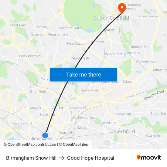 Birmingham Snow Hill to Good Hope Hospital map