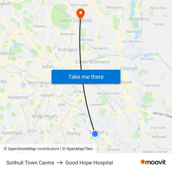 Solihull Town Centre to Good Hope Hospital map