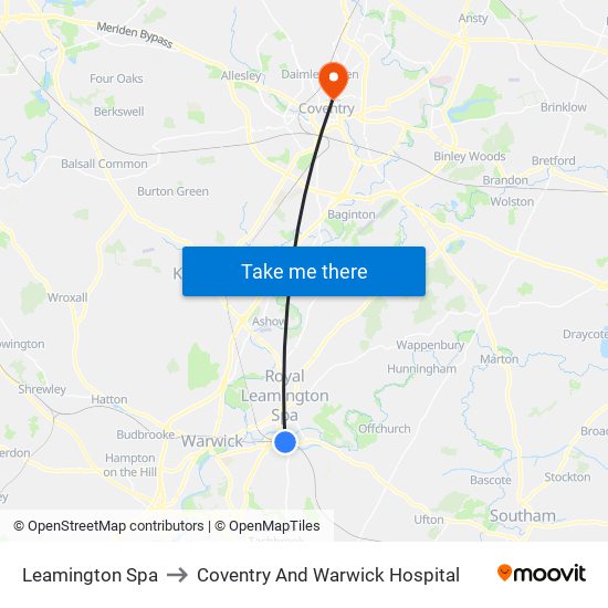 Leamington Spa to Coventry And Warwick Hospital map