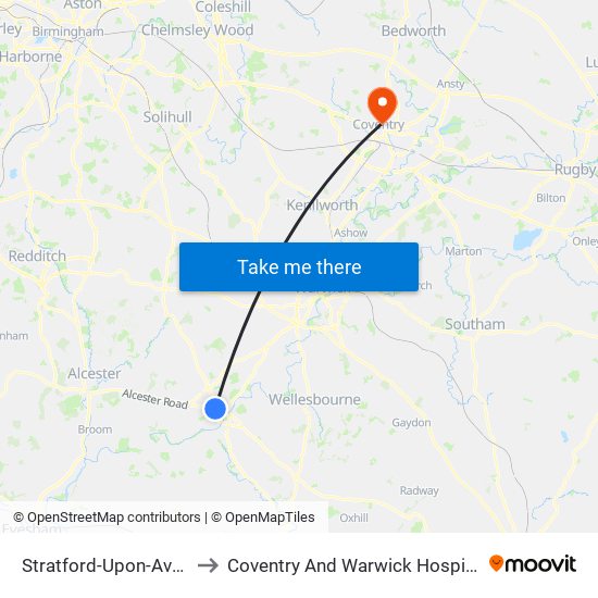 Stratford-Upon-Avon to Coventry And Warwick Hospital map