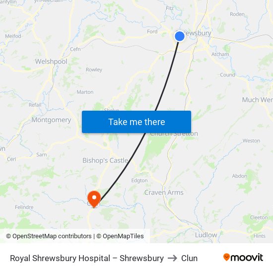 Royal Shrewsbury Hospital – Shrewsbury to Clun map