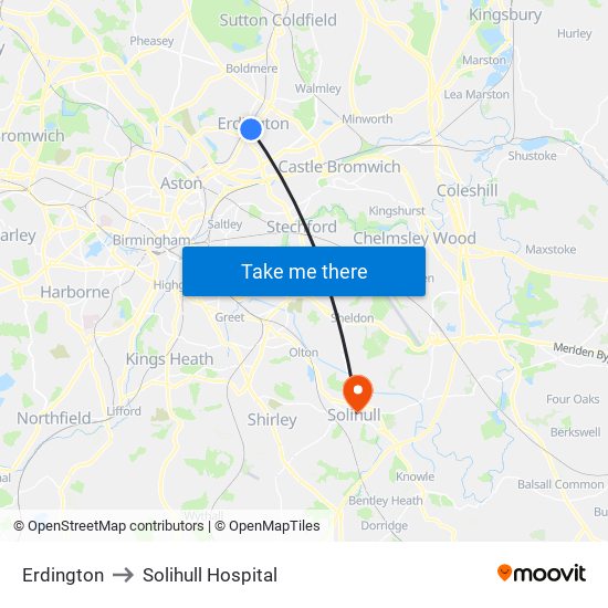 Erdington to Solihull Hospital map