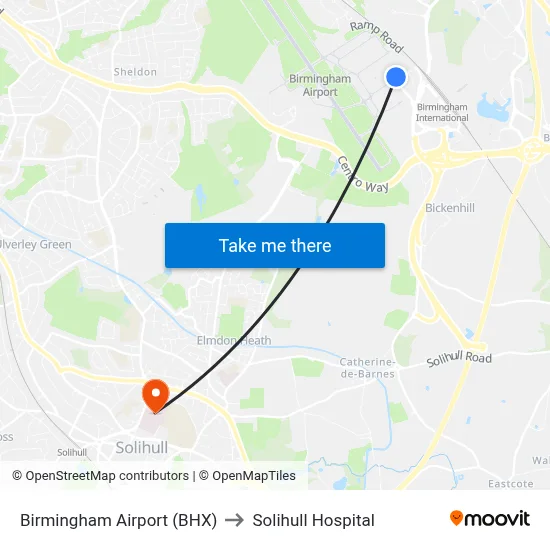 Birmingham Airport (BHX) to Solihull Hospital map