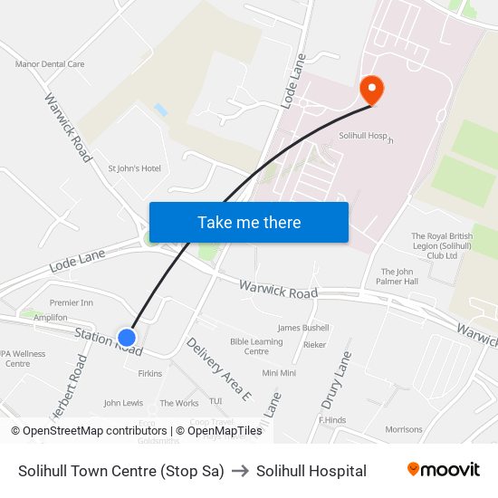 Solihull Town Centre (Stop Sa) to Solihull Hospital map