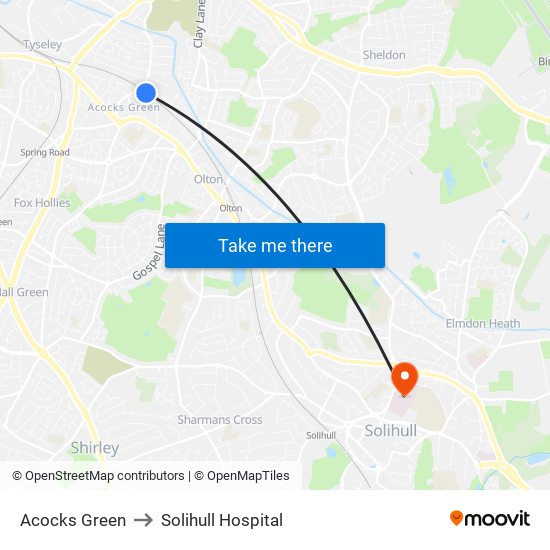 Acocks Green to Solihull Hospital map