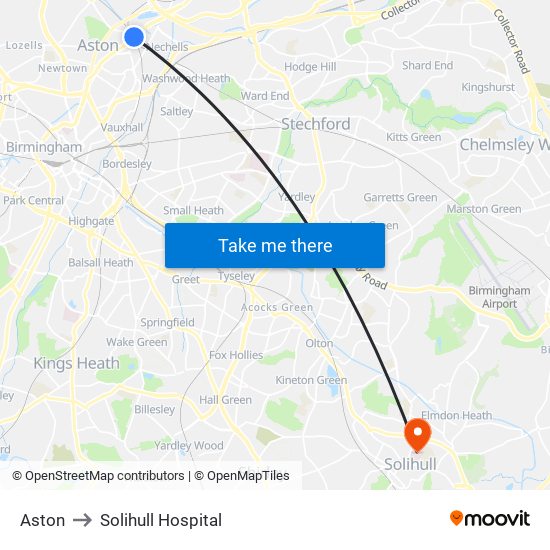 Aston to Solihull Hospital map