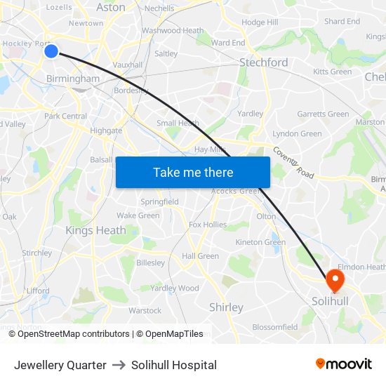 Jewellery Quarter to Solihull Hospital map