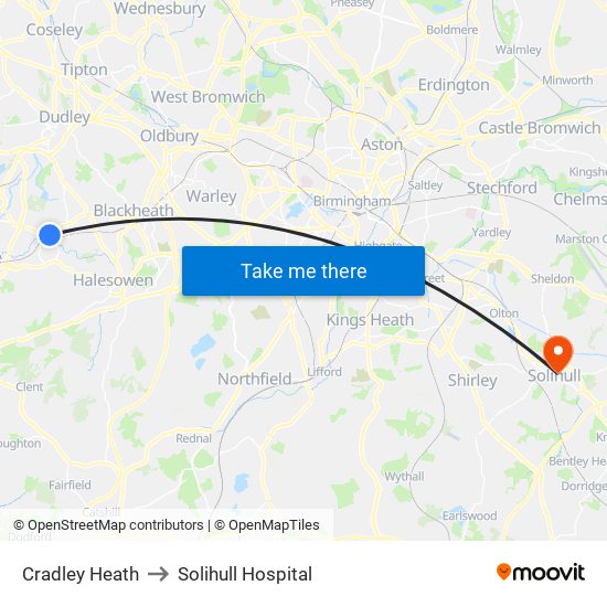 Cradley Heath to Solihull Hospital map